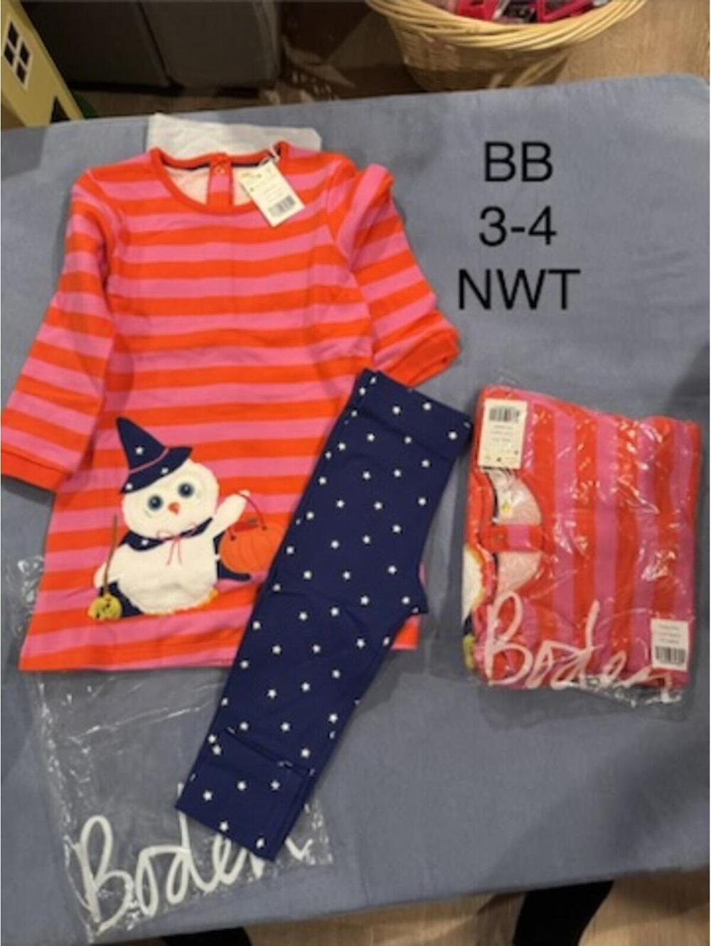 Boden Girls Halloween Owl Dress and Navy Polka Dot Leggings Set Size 3-4 NWT